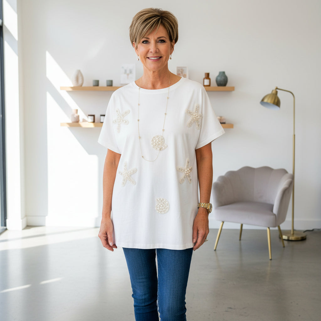 Woven White Embellished Sea Life Cotton T-Shirt - Sugarplum Boutique
