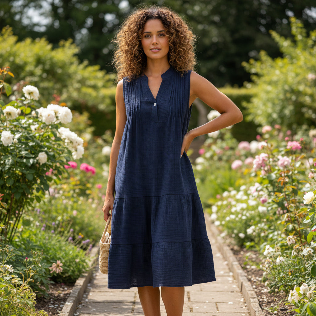 Yazmin Cheesecloth Navy Blue Tiered Boho Midi Tunic Dress - Sugarplum Boutique