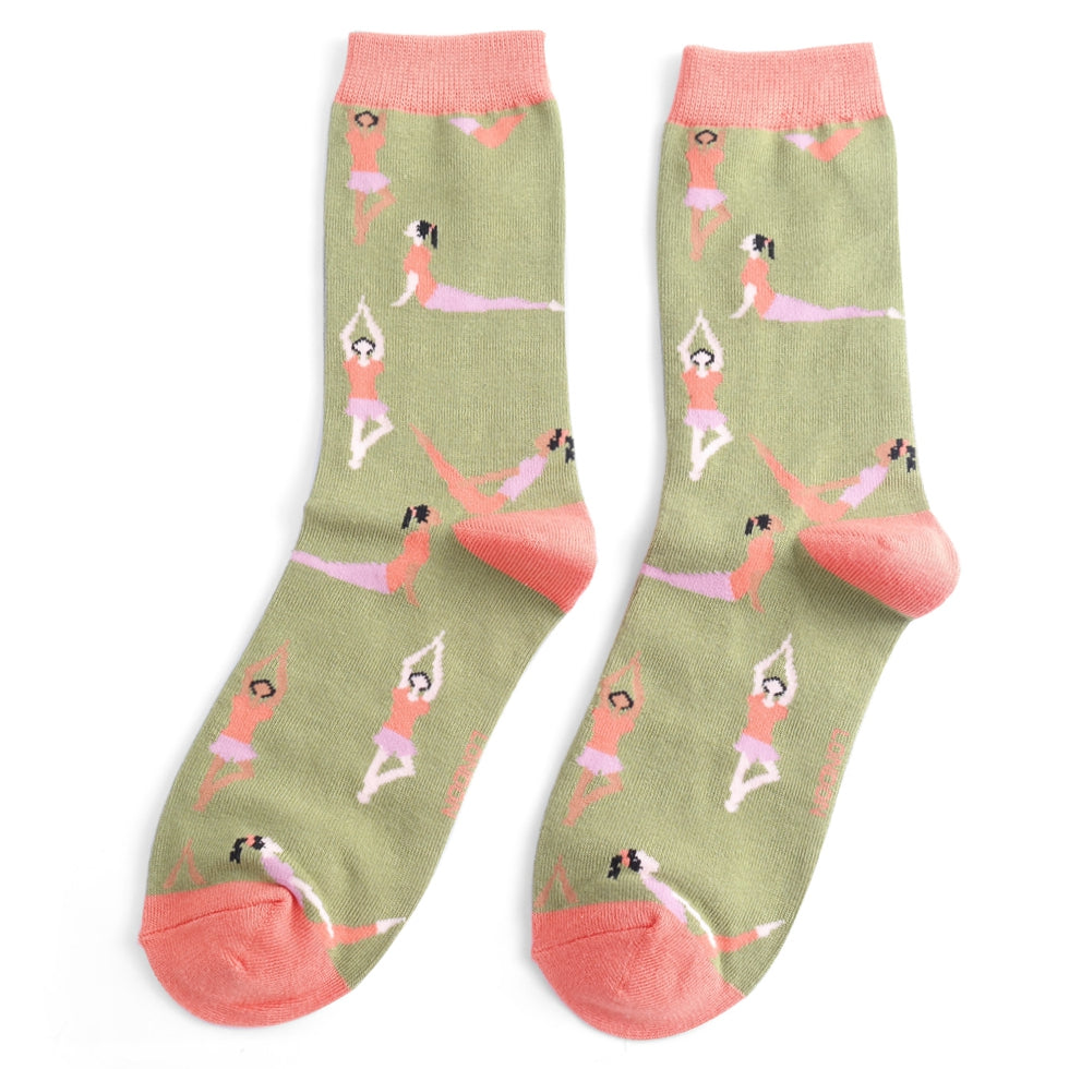Yoga Poses Ladies Bamboo Socks Olive Green - Sugarplum Boutique