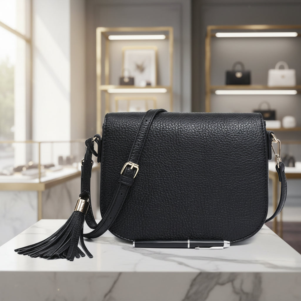 Zelda Black Faux Leather Cross Body Tassel Bag - Sugarplum Boutique