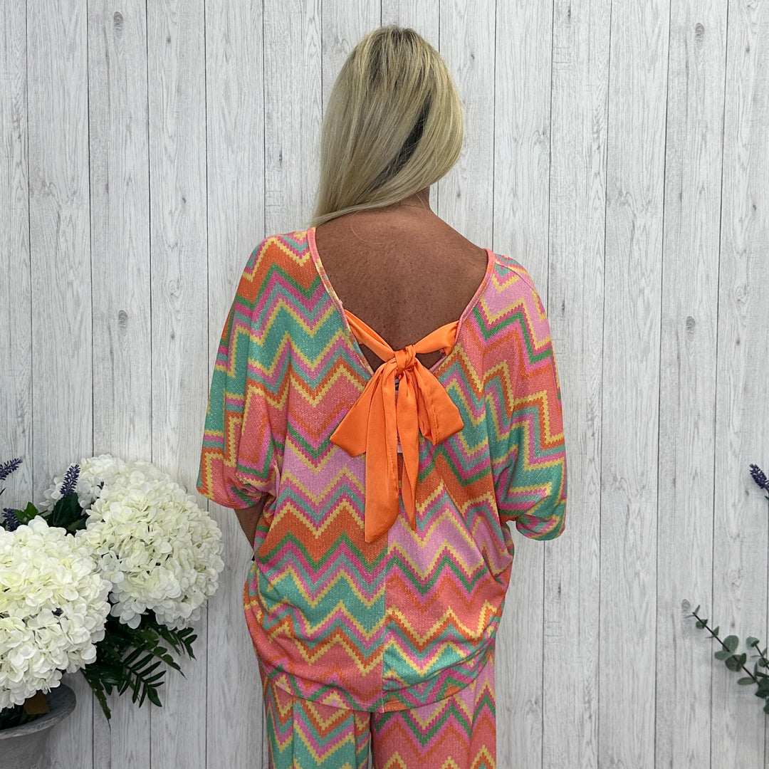 Zig Zag Printed Tie Back Top Coral - Sugarplum Boutique