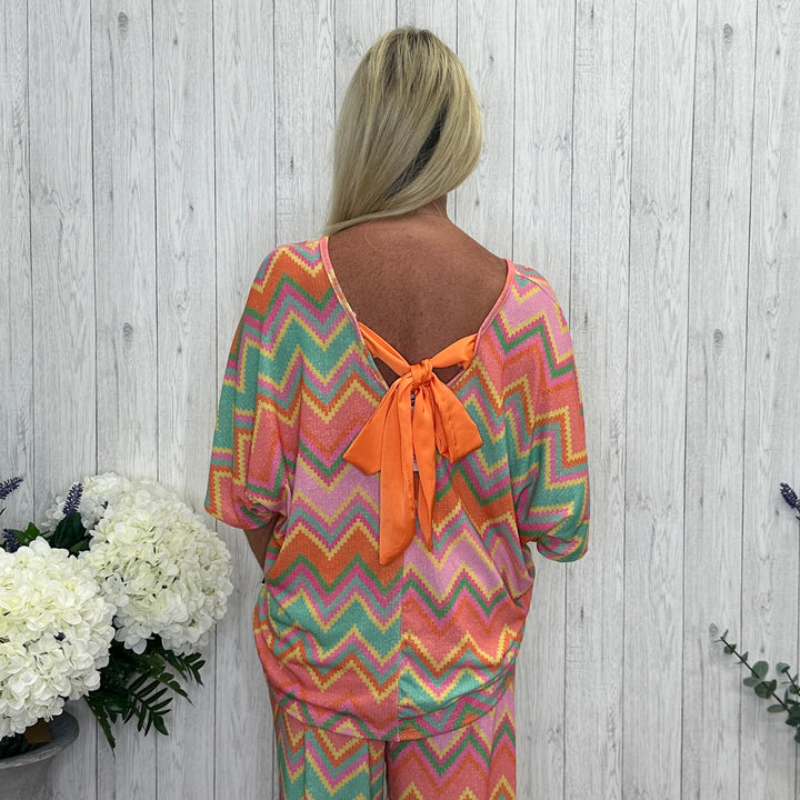 Zig Zag Printed Tie Back Top Coral - Sugarplum Boutique