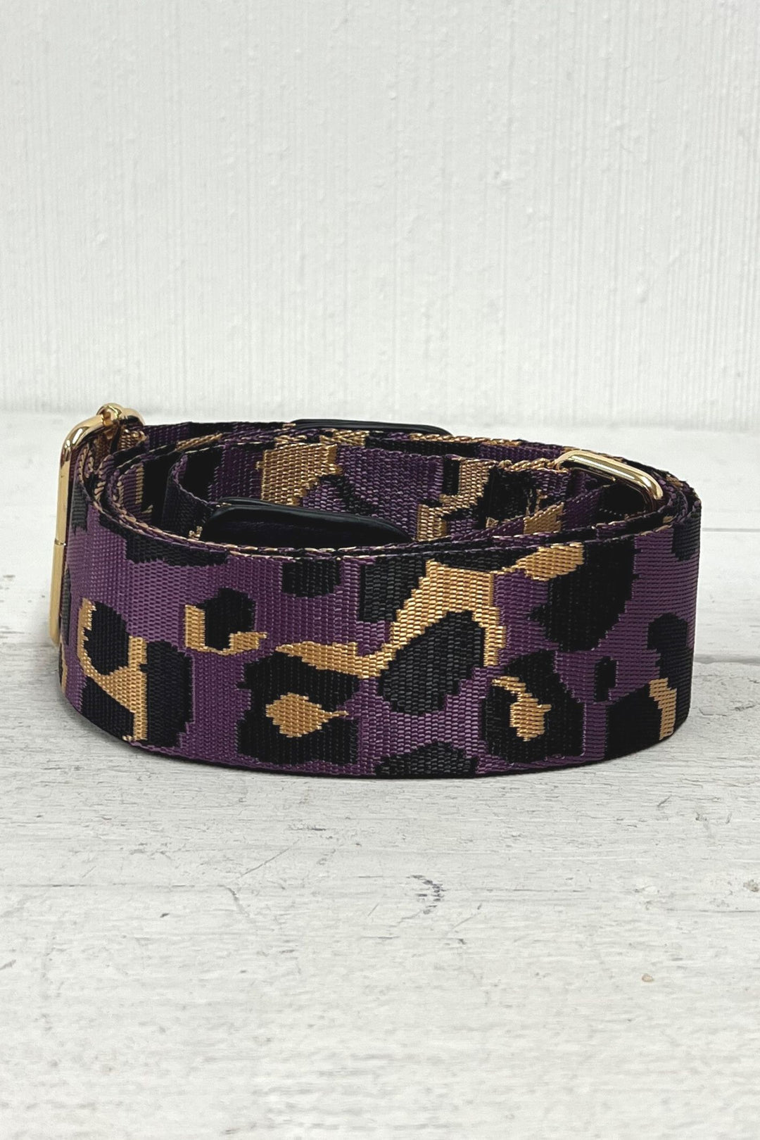 Leopard Print Interchangeable Bag Strap Purple Black Gold - Sugarplum Boutique