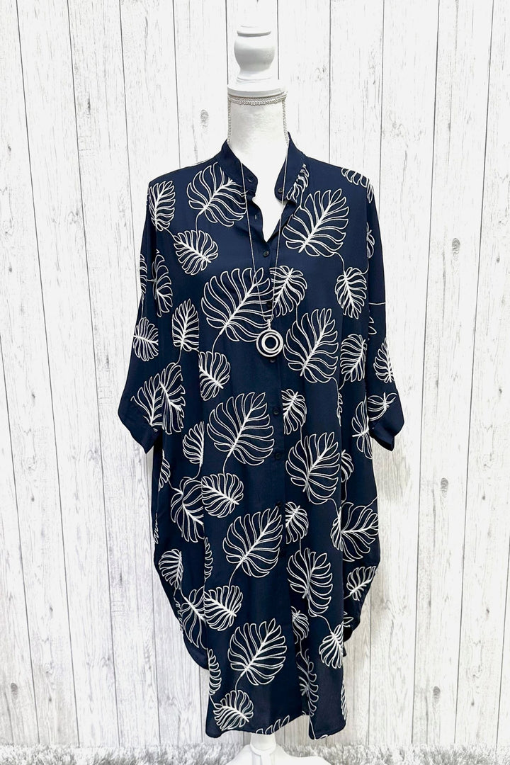 Liane Leaf Shirt Dress Navy - Sugarplum Boutique
