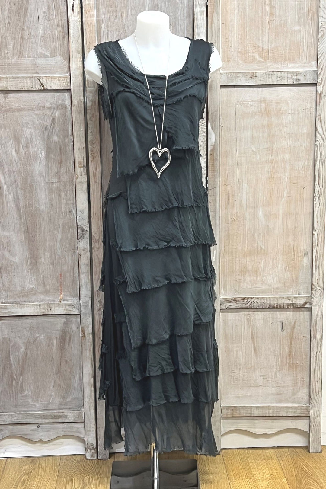 Lola Silk Tier Dress Charcoal Grey - Sugarplum Boutique