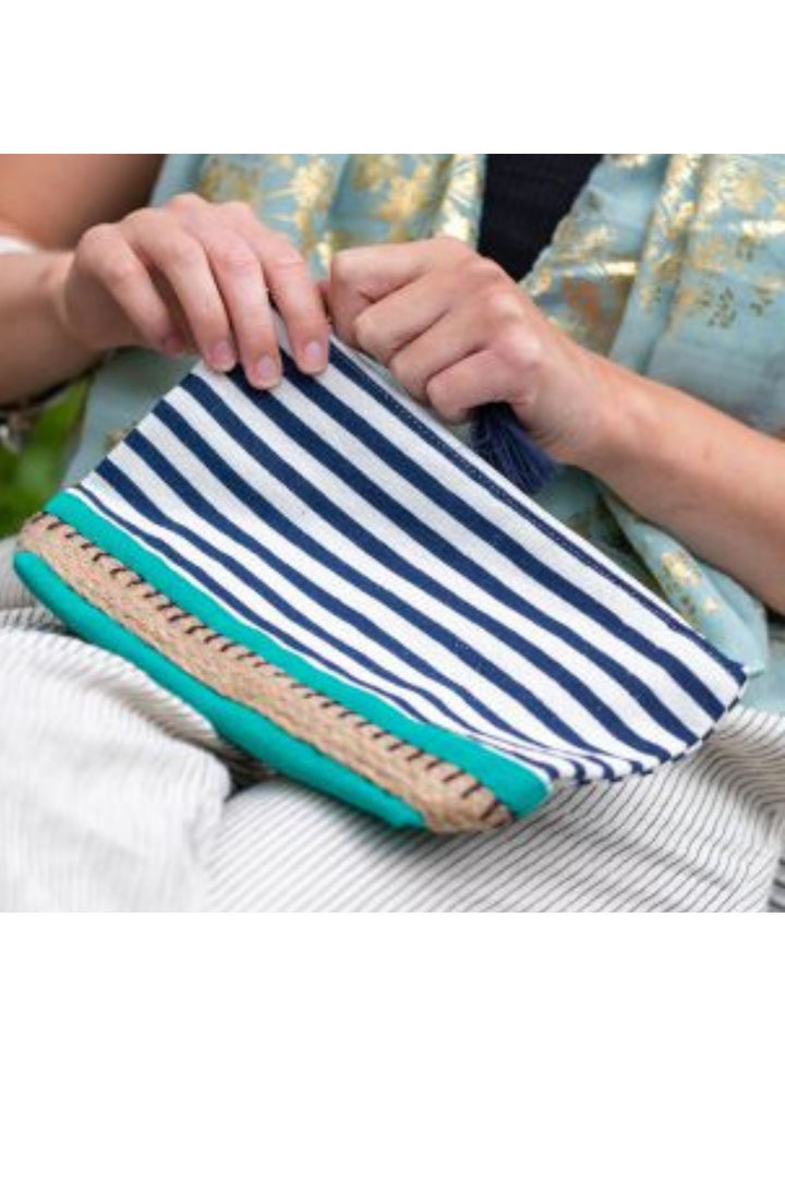 Navy White Striped Cotton Wash Bag With Green Base - Sugarplum Boutique
