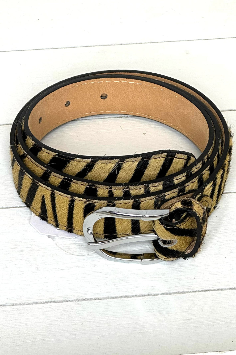 Vera Pelle Animal Print Leather Belts Zebra Black & Camel - Sugarplum Boutique